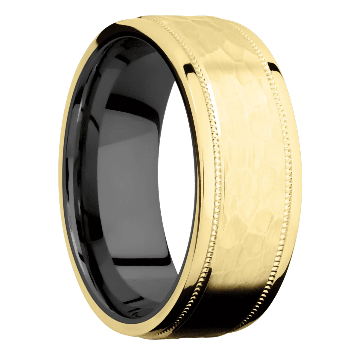 14K Yellow Gold with Hammer , Polish Finish and Zirconium