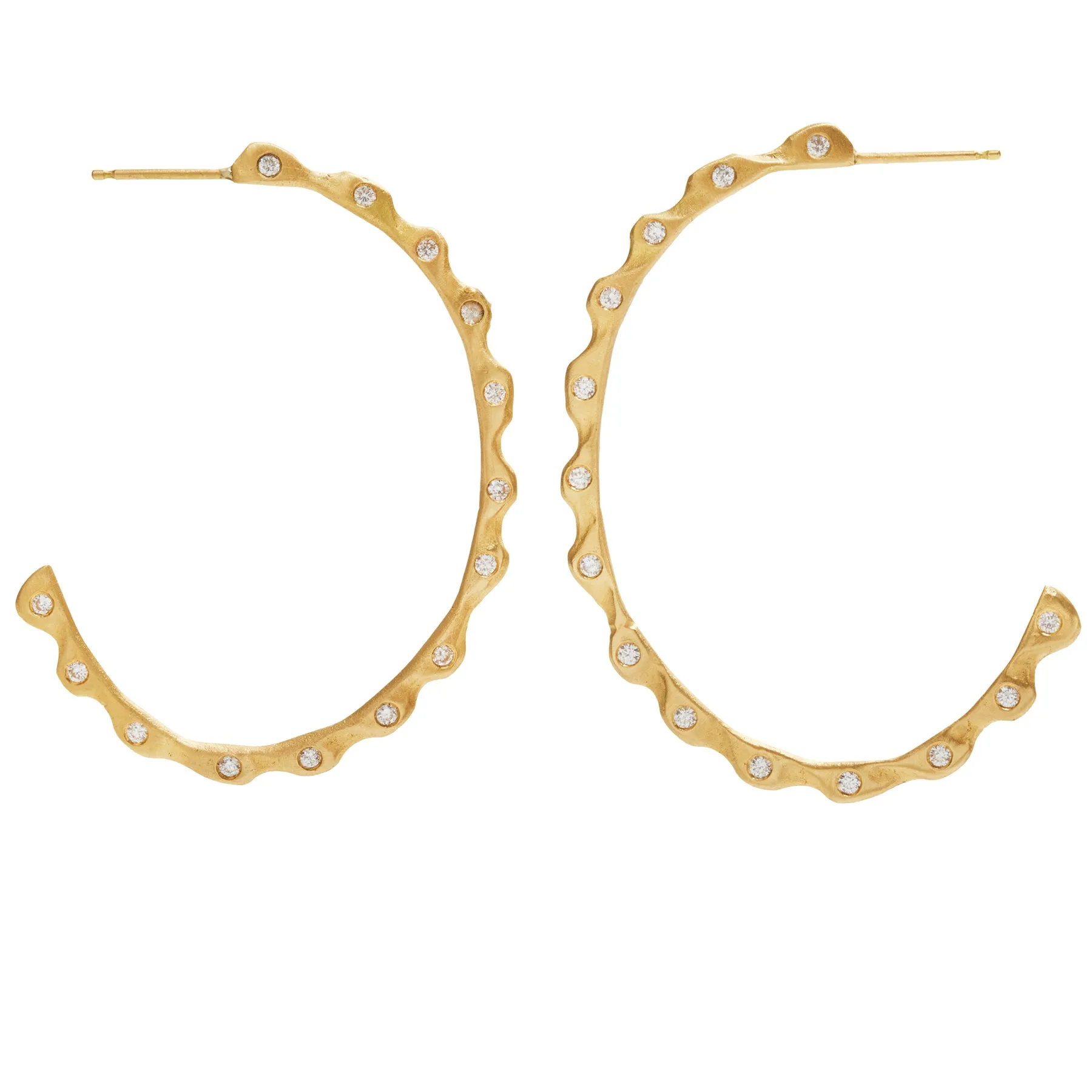 18K Yellow Gold Scalloped Diamond Hoop Earrings