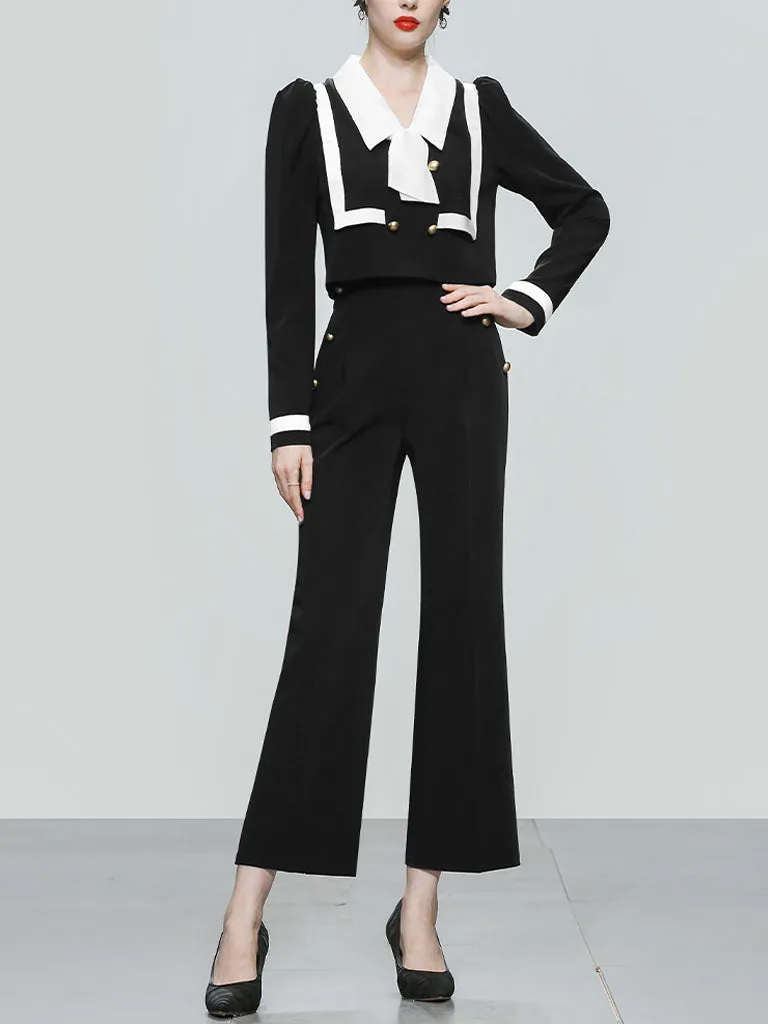 2PS Black Sailor Long Sleeve Top With High Waist Wide Leg Pants Suit