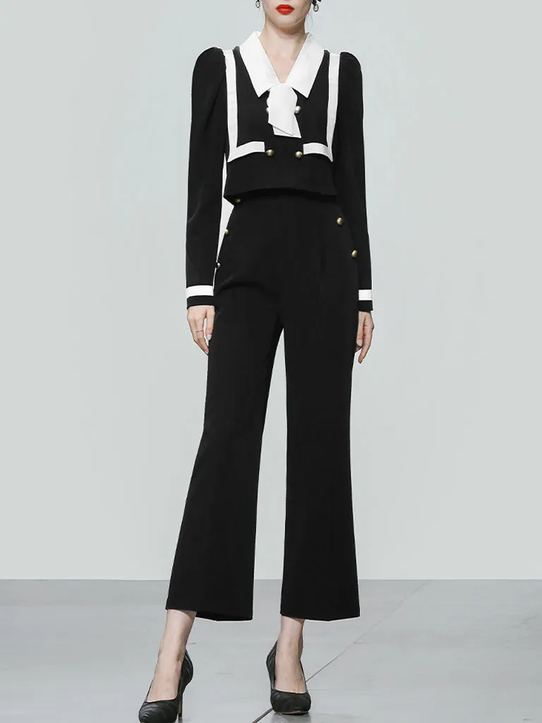 2PS Black Sailor Long Sleeve Top With High Waist Wide Leg Pants Suit