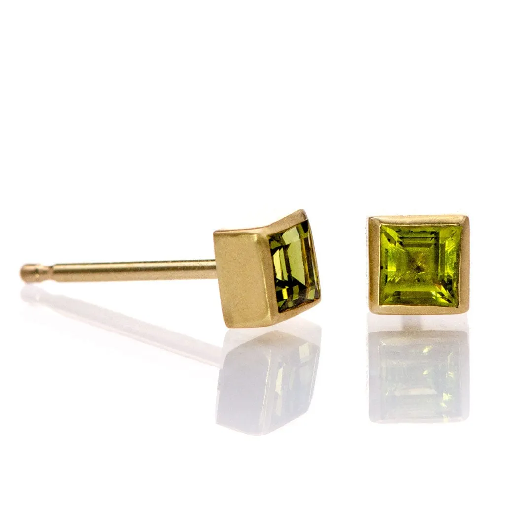 3mm Square Green Sapphire 14k Yellow Gold Bezel Stud Earrings, Ready to Ship