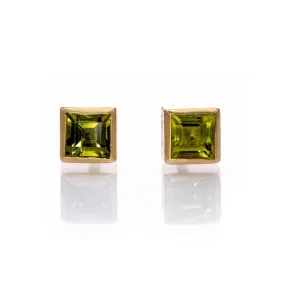 3mm Square Green Sapphire 14k Yellow Gold Bezel Stud Earrings, Ready to Ship