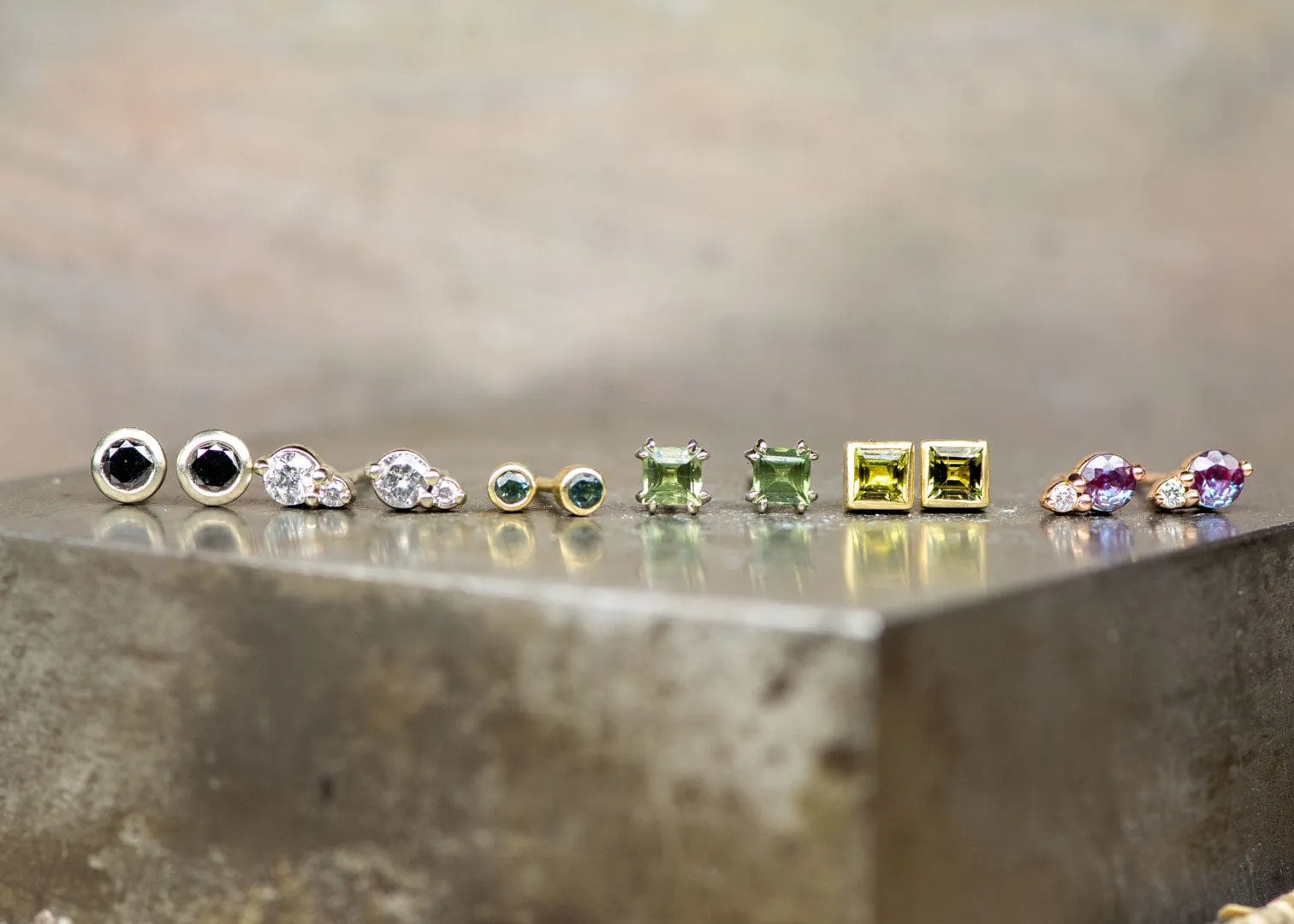 3mm Square Green Sapphire 14k Yellow Gold Bezel Stud Earrings, Ready to Ship