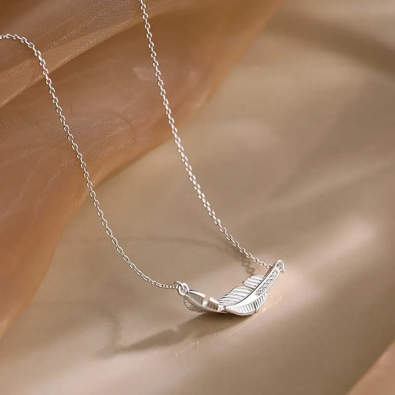 925 Sterling Silver CZ Diamond Feather Necklace