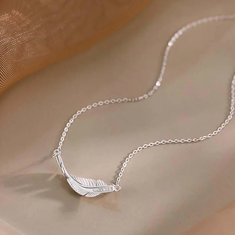 925 Sterling Silver CZ Diamond Feather Necklace