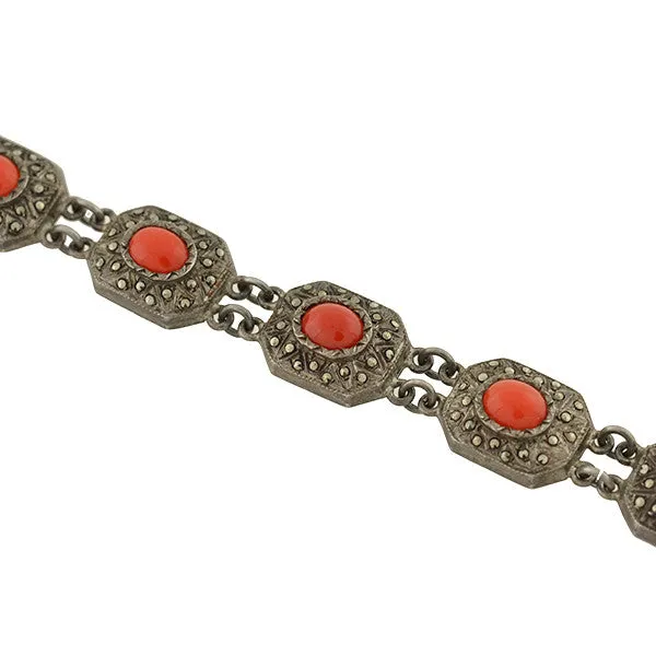 Art Deco German Silver Oxblood Coral & Marcasite Bracelet