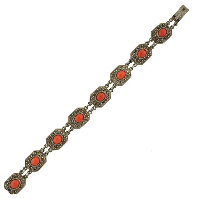 Art Deco German Silver Oxblood Coral & Marcasite Bracelet