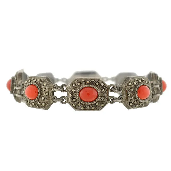 Art Deco German Silver Oxblood Coral & Marcasite Bracelet