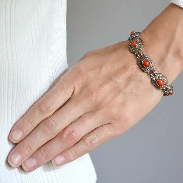 Art Deco German Silver Oxblood Coral & Marcasite Bracelet