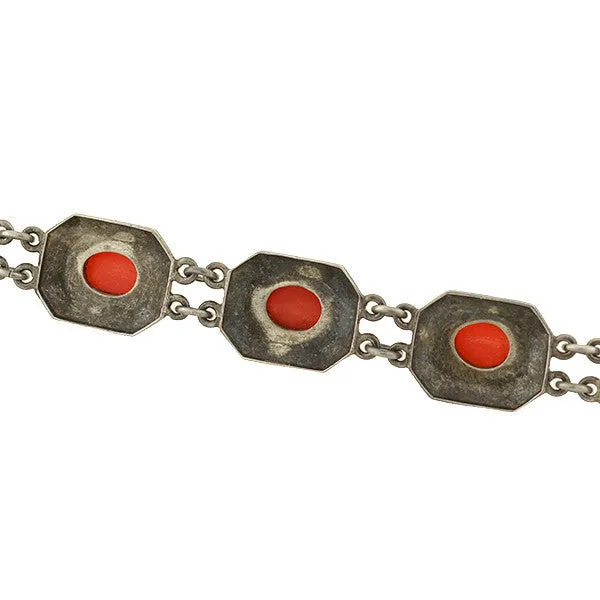 Art Deco German Silver Oxblood Coral & Marcasite Bracelet