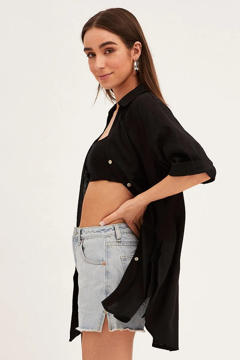 Black Long Line Roll Sleeve Collared Button Front Shirt