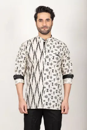 Cream And Black Printed Short Kurta