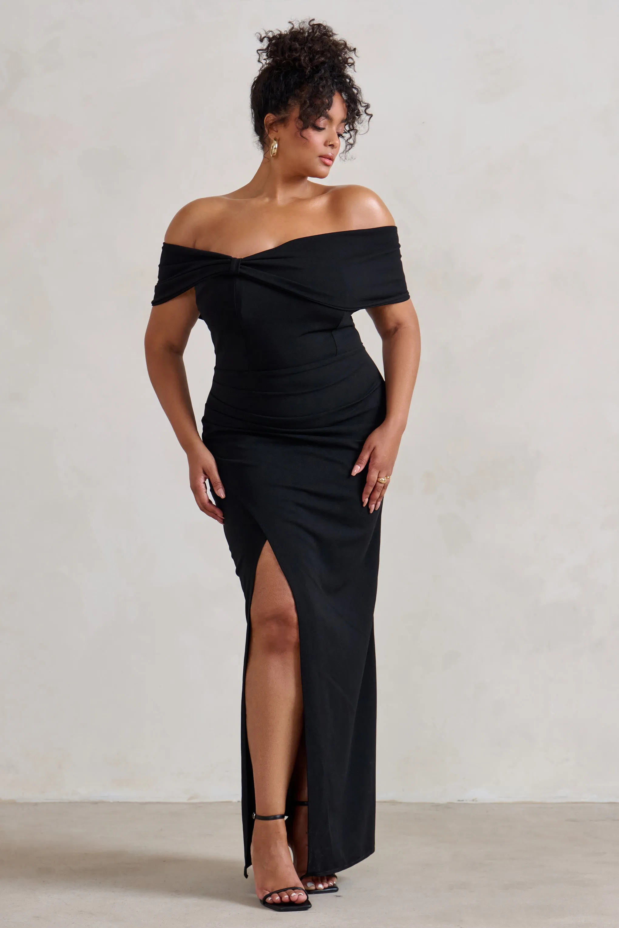 Eva | Black Bardot Bow Detail Maxi Dress With Thigh Split