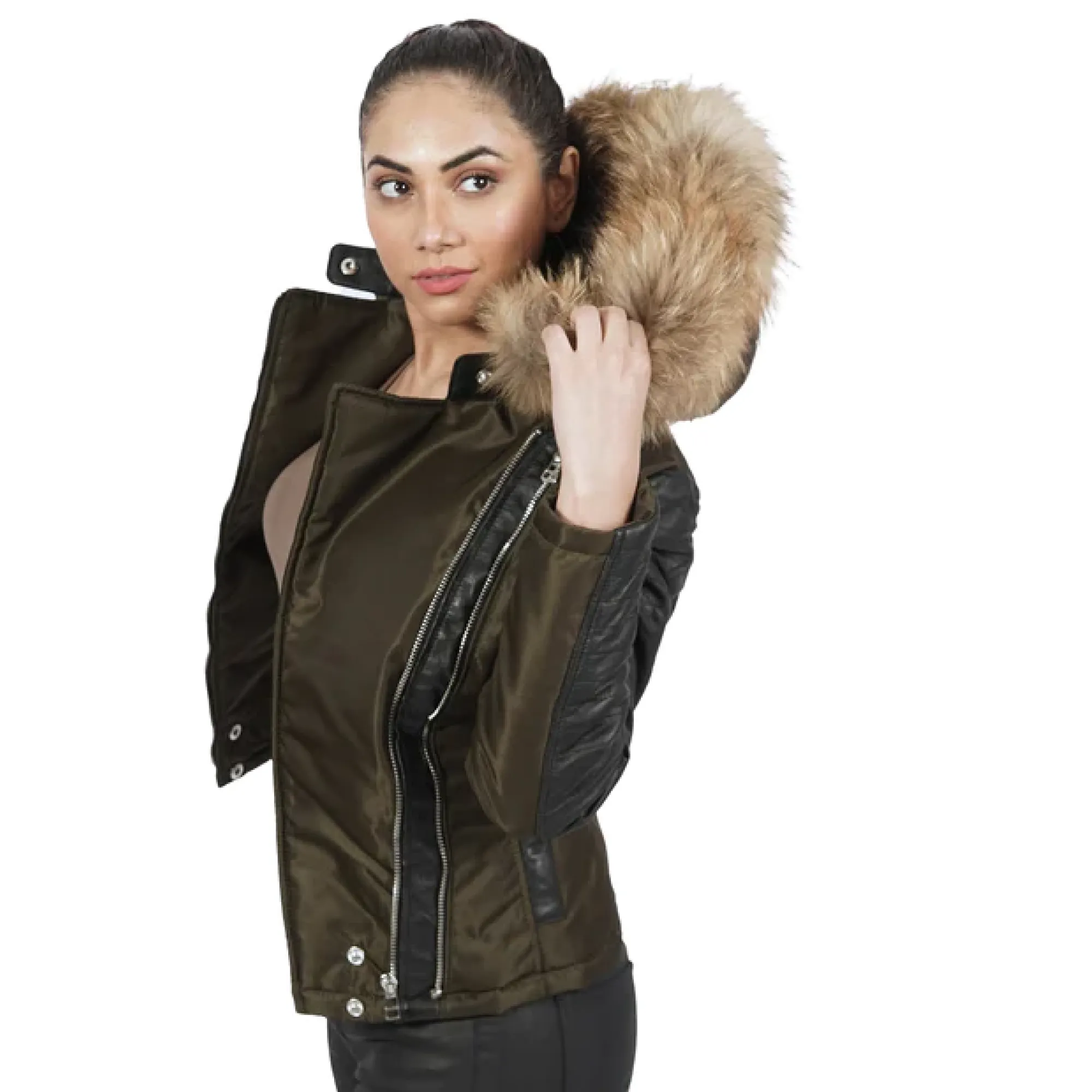 Faux Fur Hooded Down Olive Black Leather Jacket