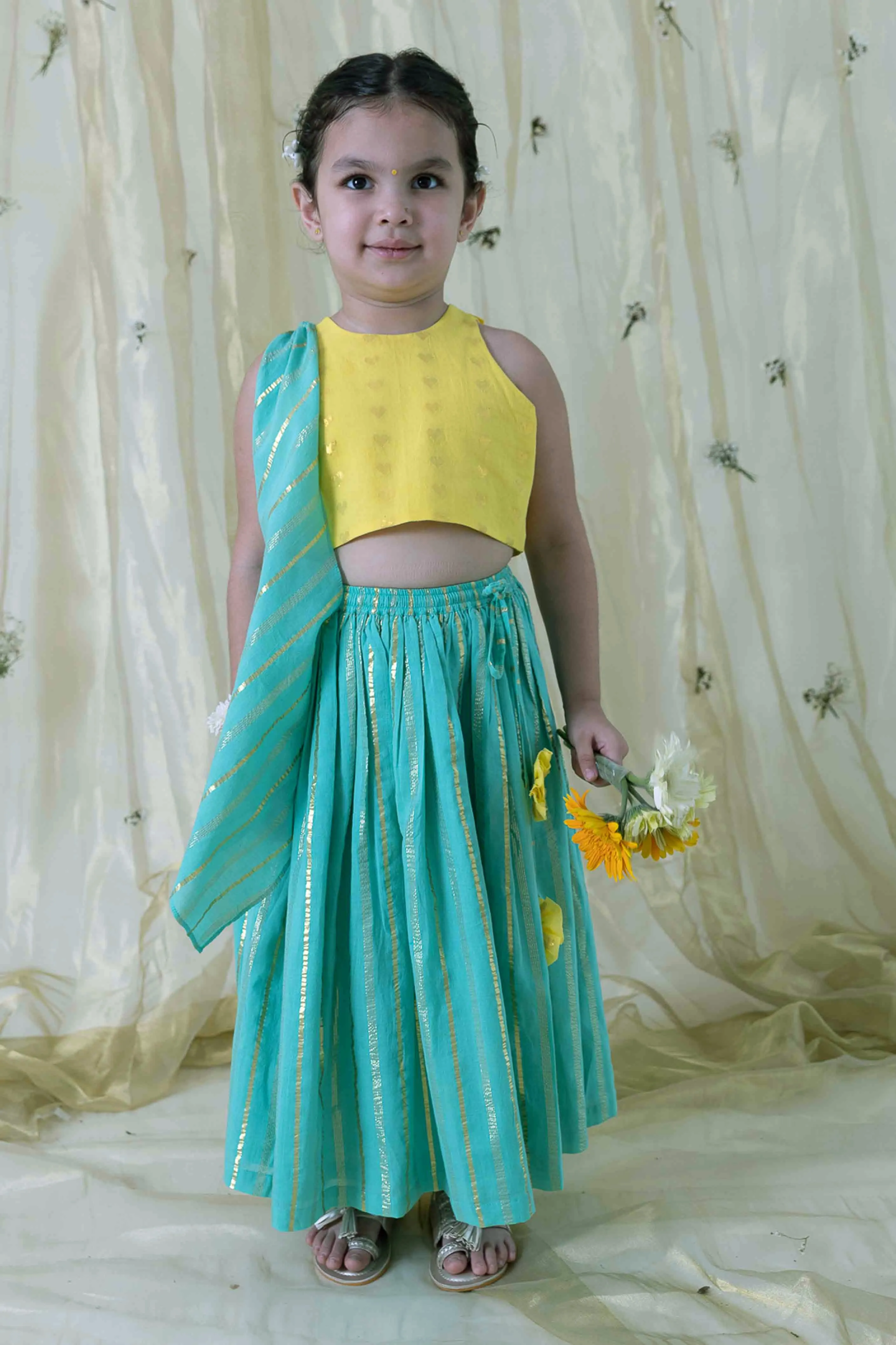 Girl Pure Cotton Sleeveless Lehenga Set - Yellow