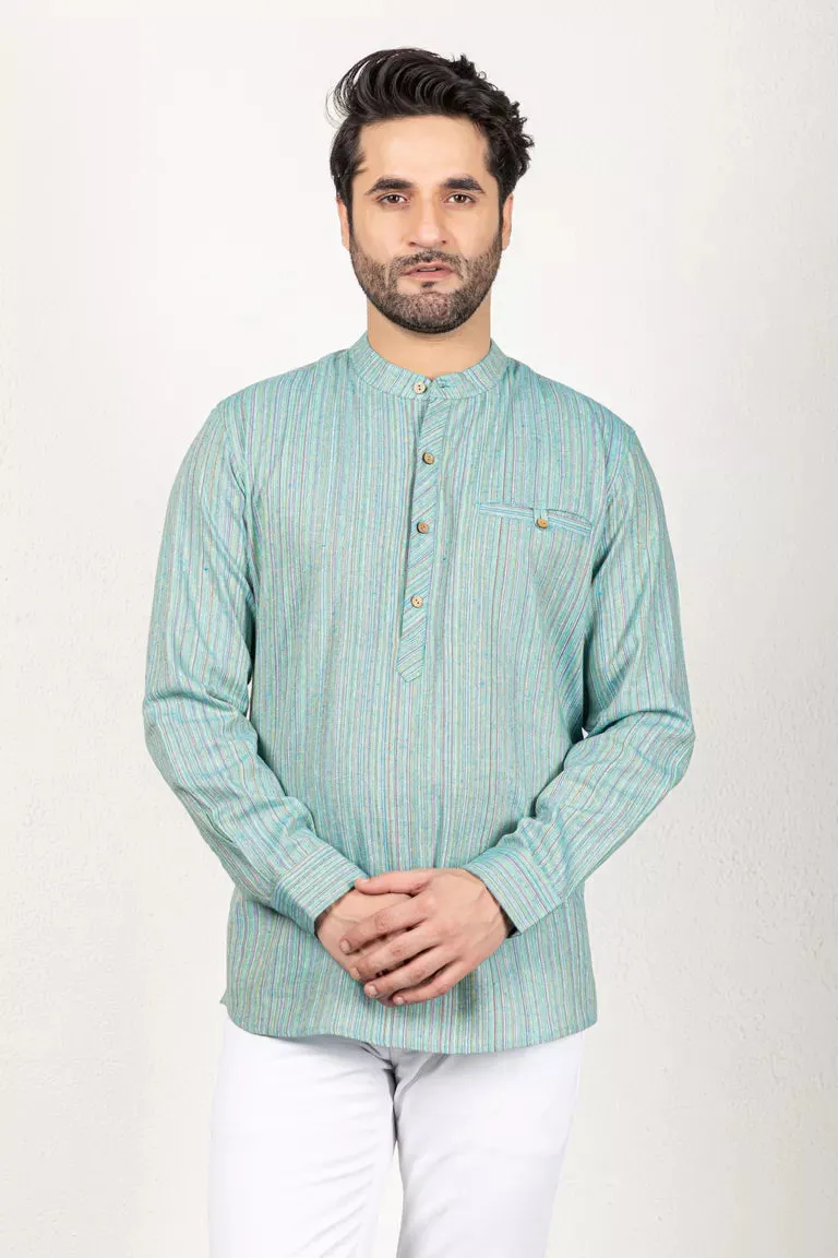 Green-Colored Woven Striped Short Kurta - 100% Cotton