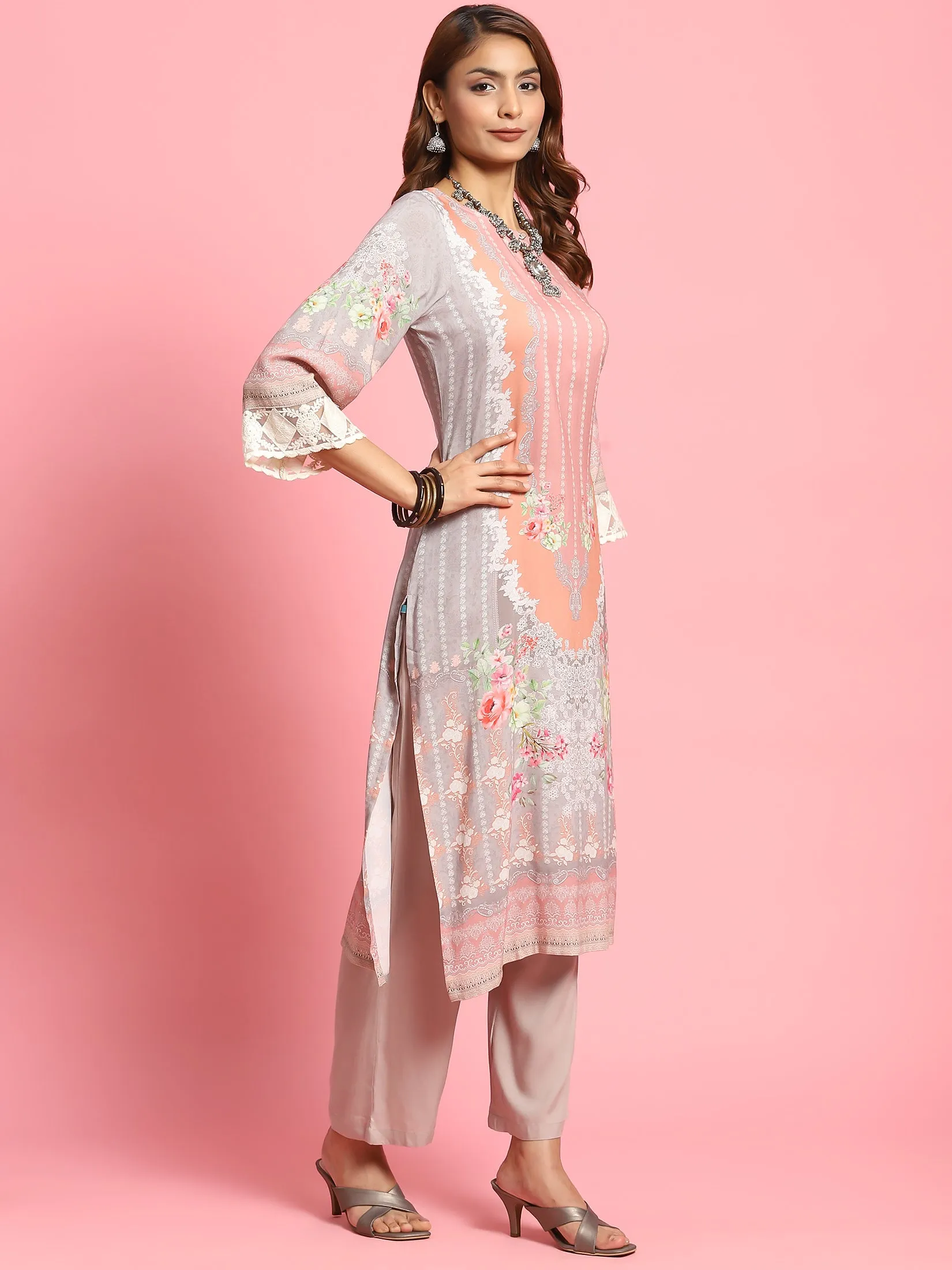 Indiessence Women Grey Floral Printed Kurta Comfort Pant Dupatta