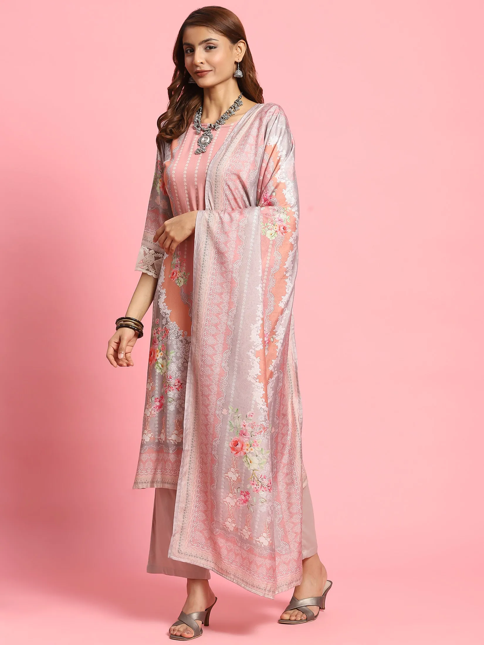 Indiessence Women Grey Floral Printed Kurta Comfort Pant Dupatta