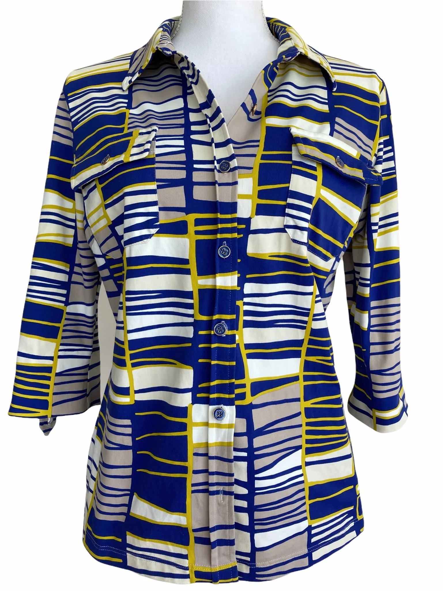 J. McLaughlin Blue and Yellow Pattern Shirt, M