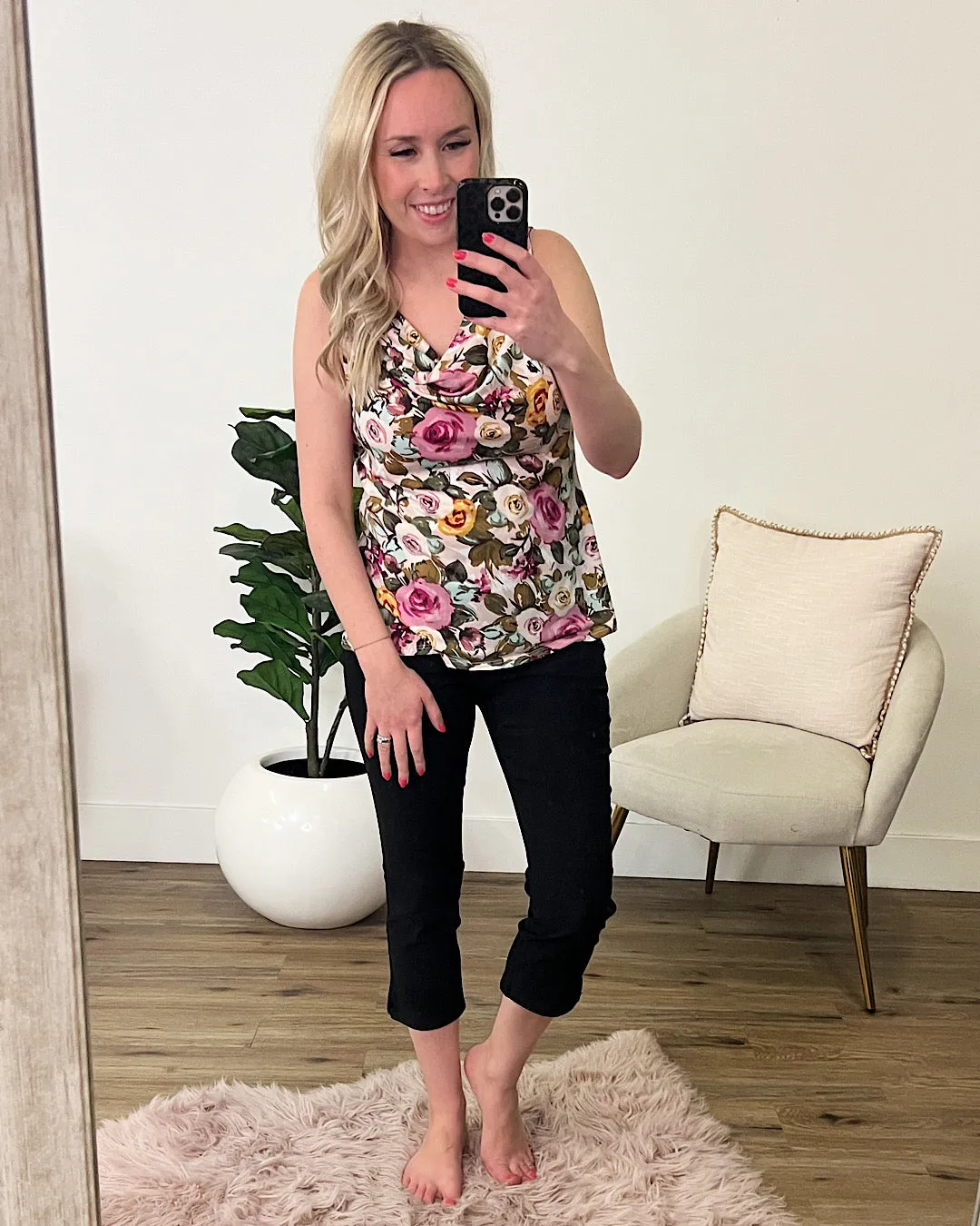 Kira Magenta and Olive Floral Cowl Neck Tank Top