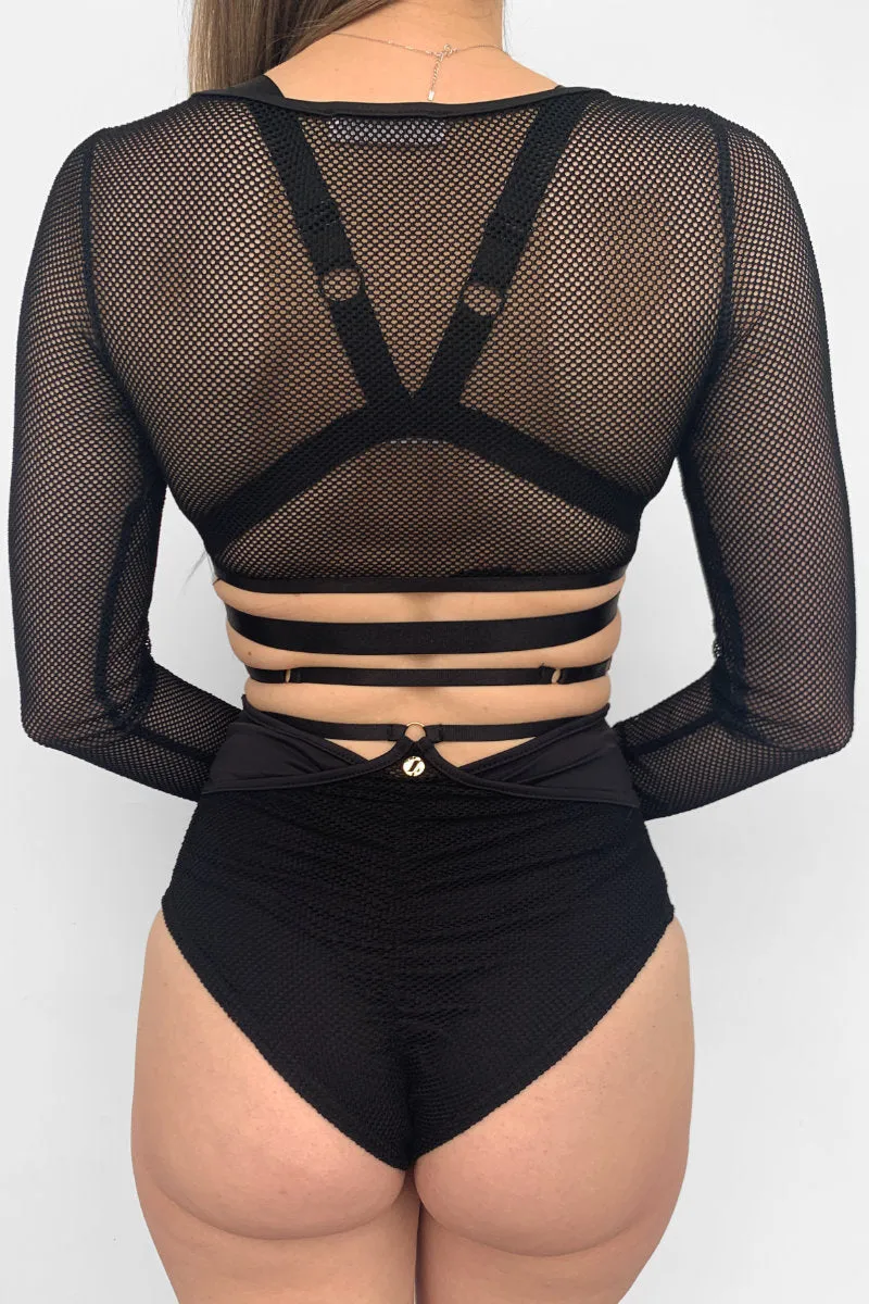 Lunalae Sasha V Cut Out Long Sleeve Top - Recycled Black Mesh