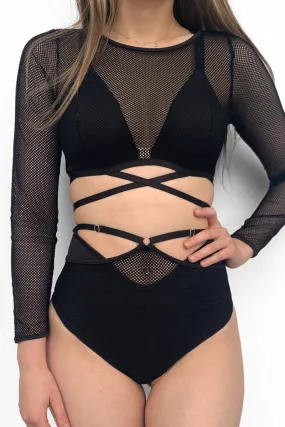 Lunalae Sasha V Cut Out Long Sleeve Top - Recycled Black Mesh