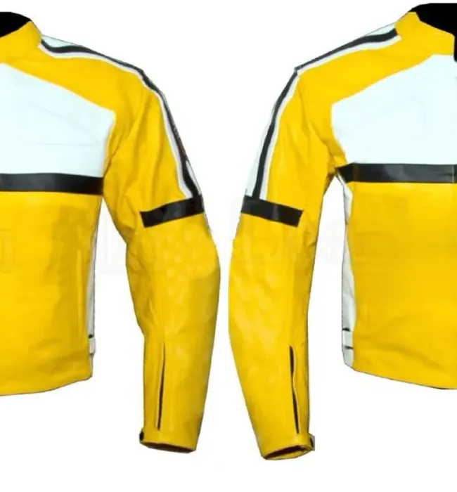 Men's Yellow White Biker Racing Leather Jacket