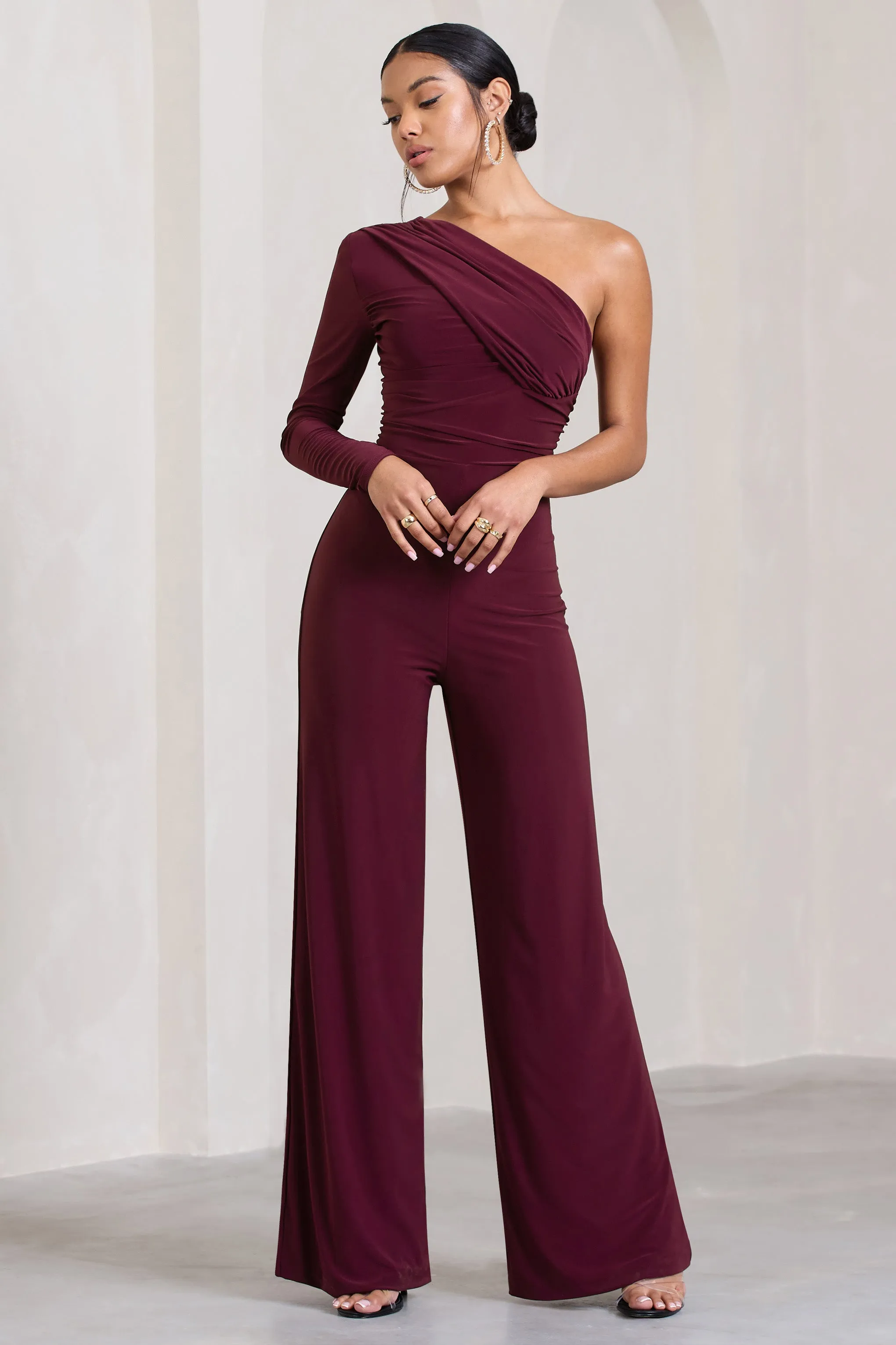 Mila | Burgundy One Shoulder Ruched Wide Leg Jumpsuit