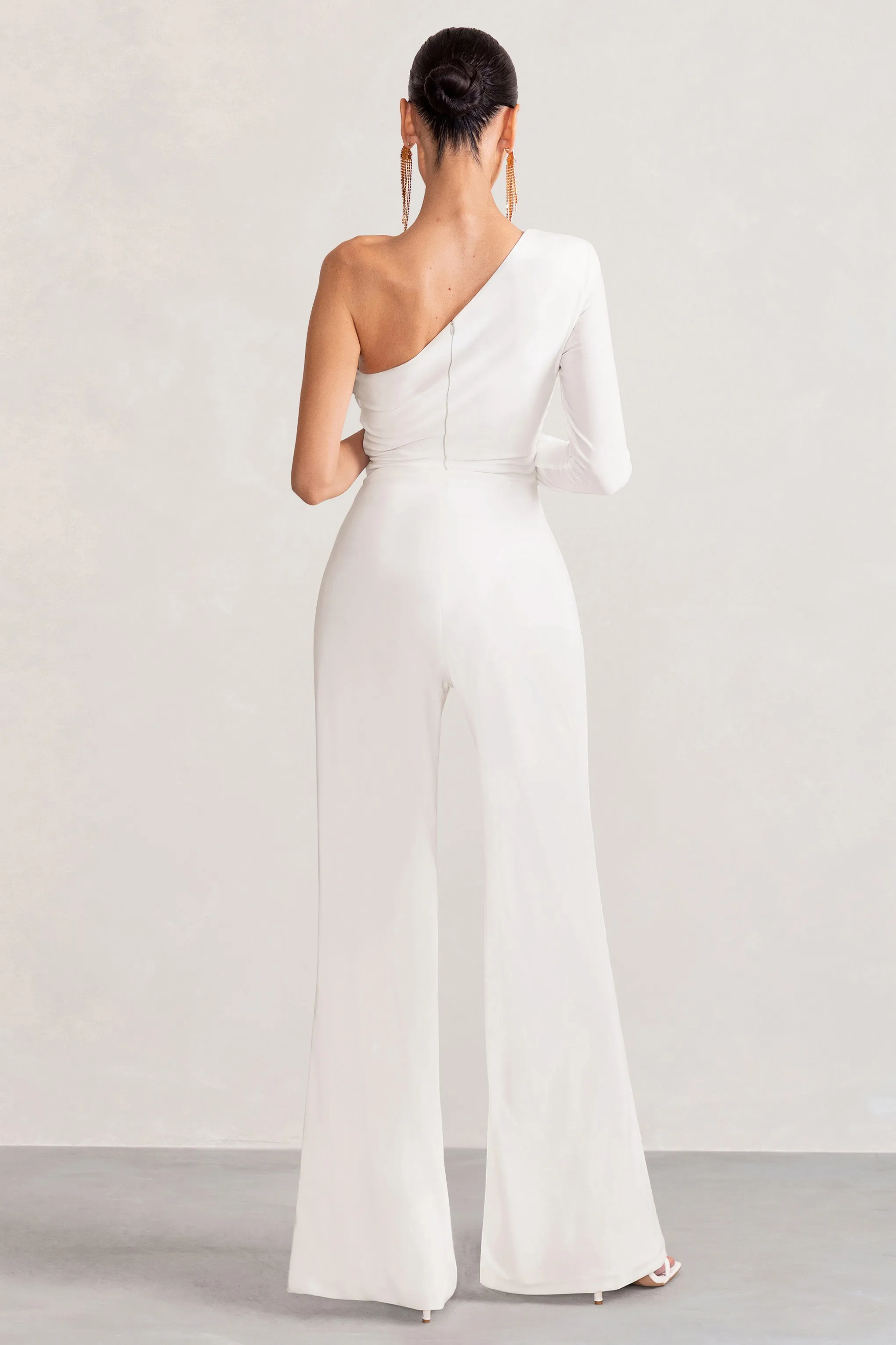 Mila | White One Shoulder Ruched Wide Leg Jumpsuit