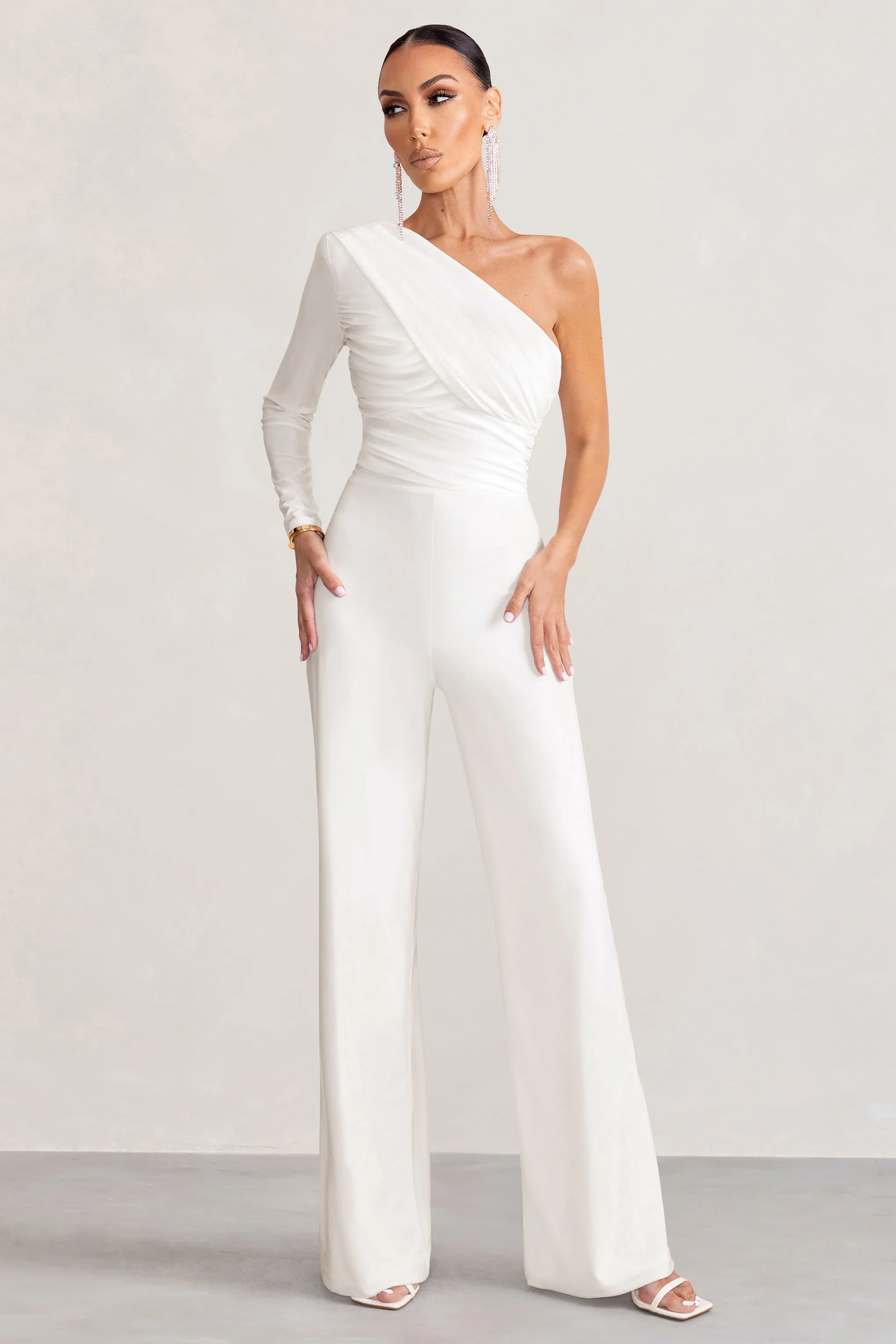 Mila | White One Shoulder Ruched Wide Leg Jumpsuit