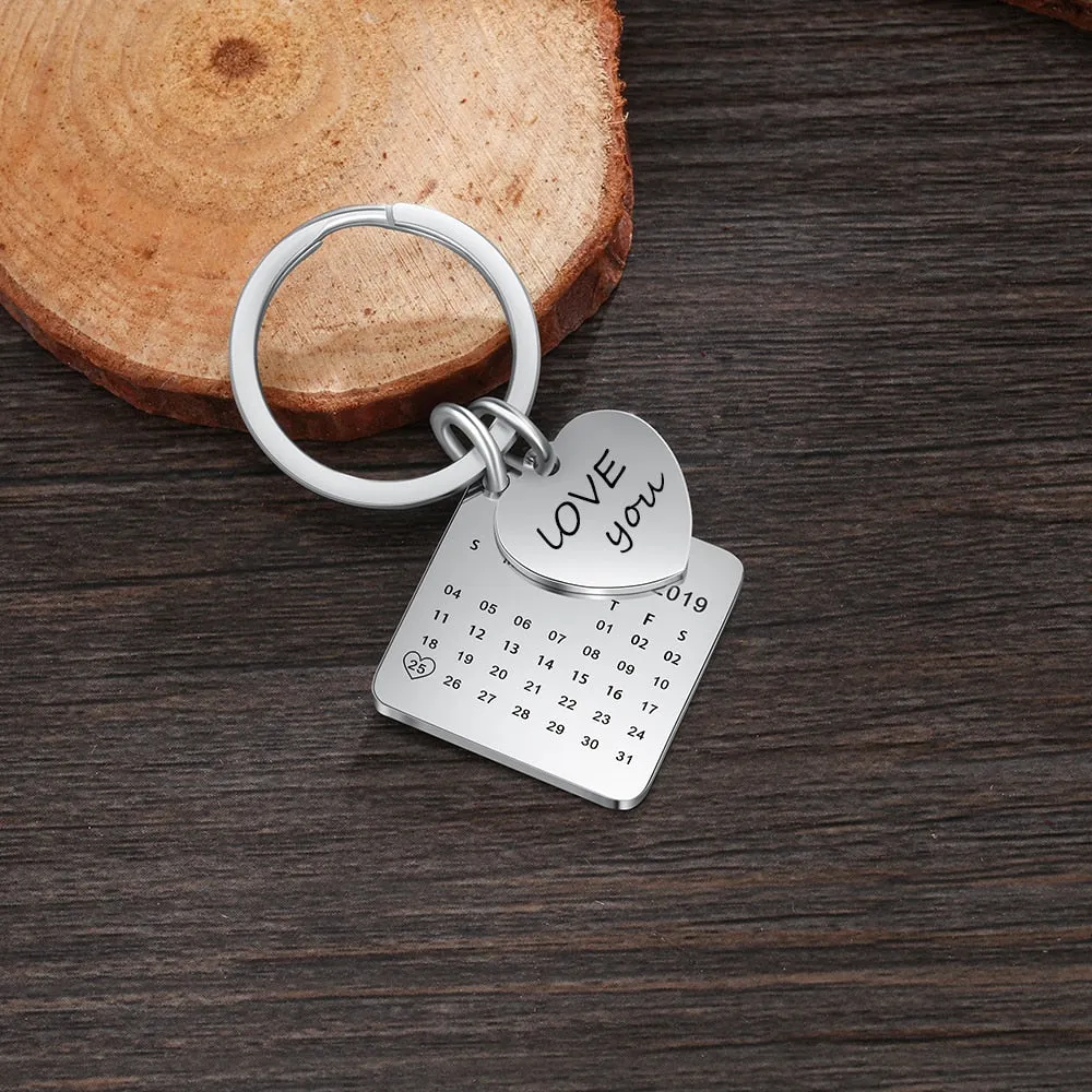 Personalized Engraving & Date Keychains for Ladies Stainless Steel Custom Calendar Keyring with Heart Valentines Day Gift