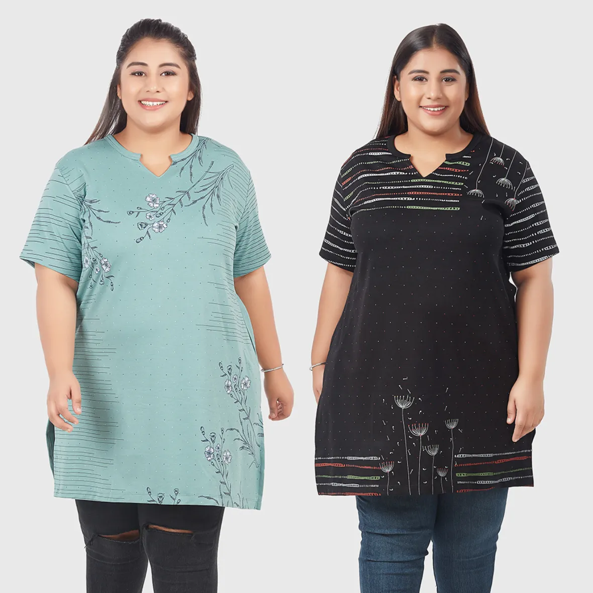 Plus Size Printed Long Tops For Women Half Sleeves - Pack of 2 (Black & Sage)