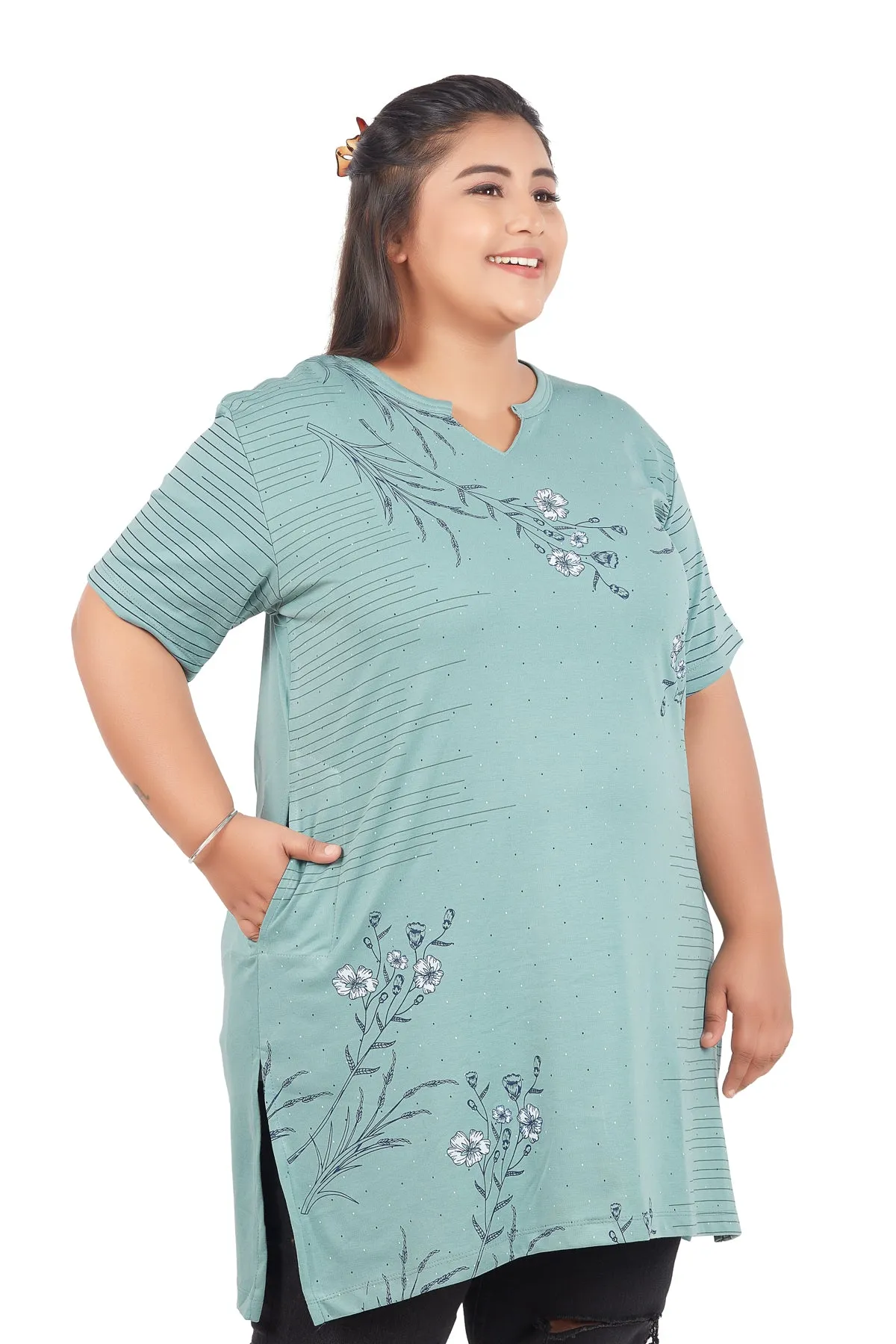 Plus Size Printed Long Tops For Women Half Sleeves - Pack of 2 (Black & Sage)