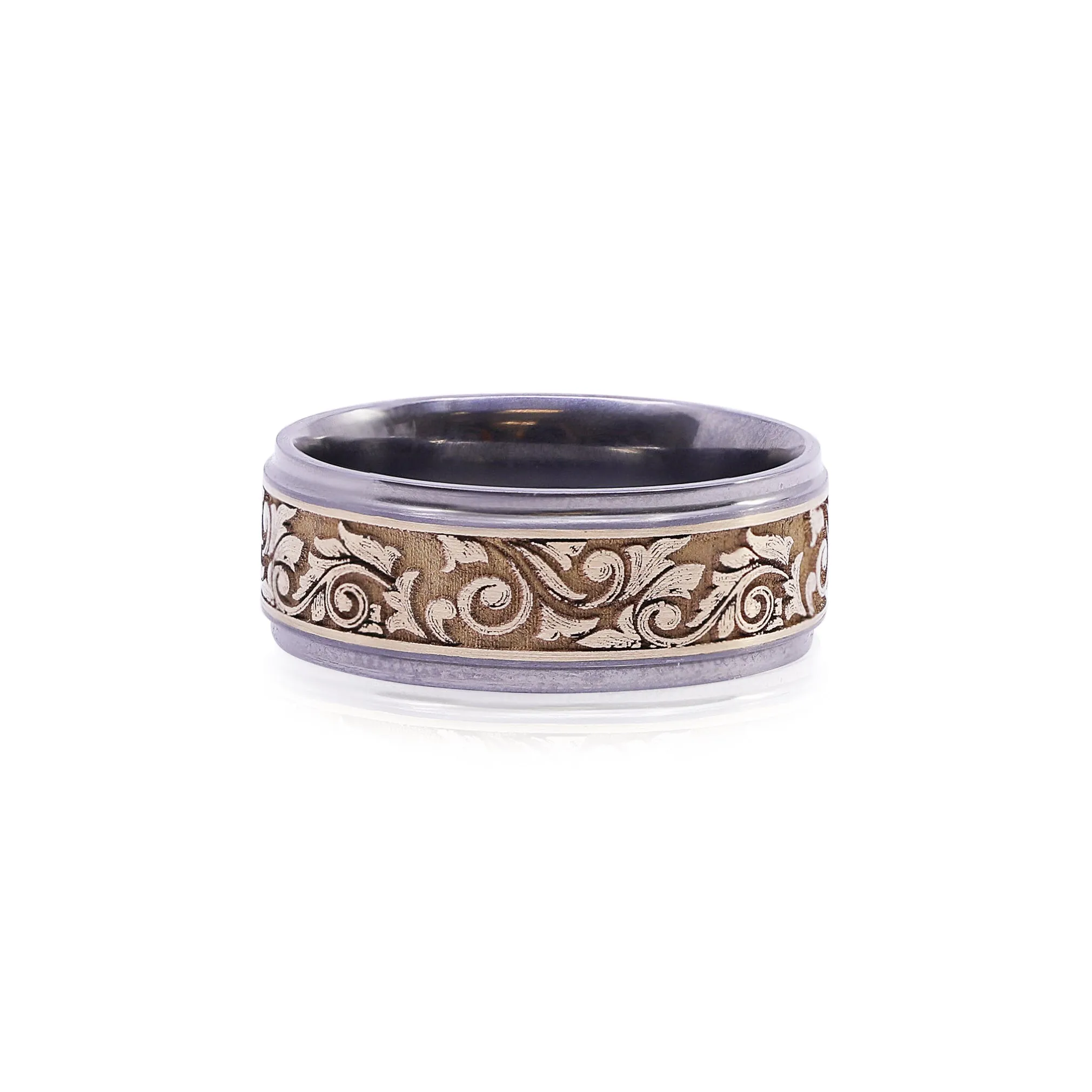 POLISHED TANTALUM AND 14K YELLOW BAND WESTERN SCROLL WEDDING BAND