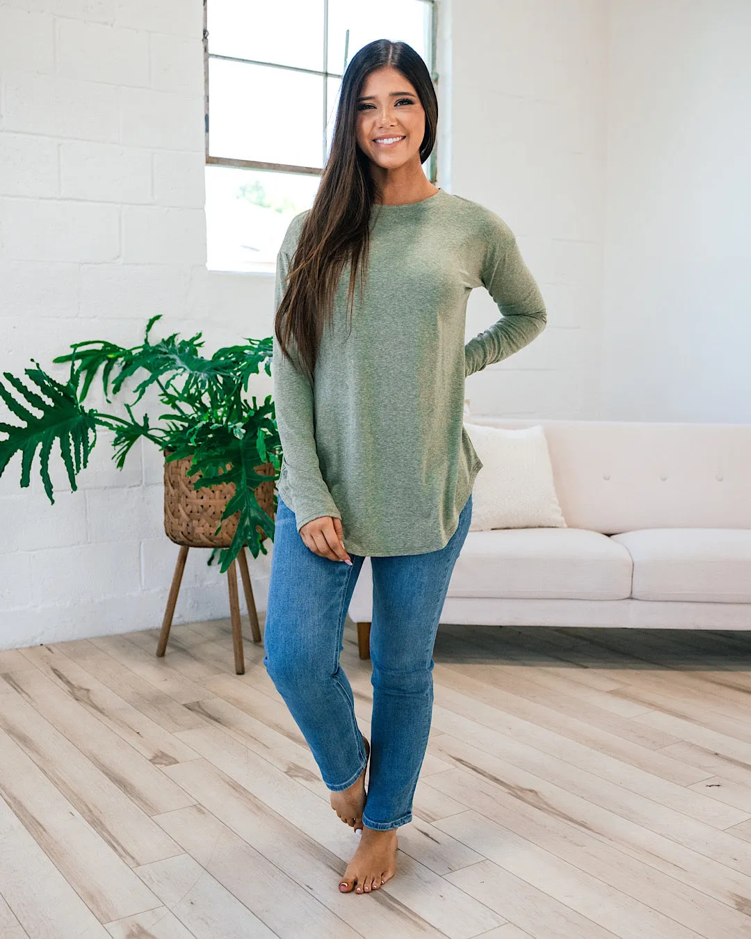 Slub Knit Long Sleeve Top - Light Olive