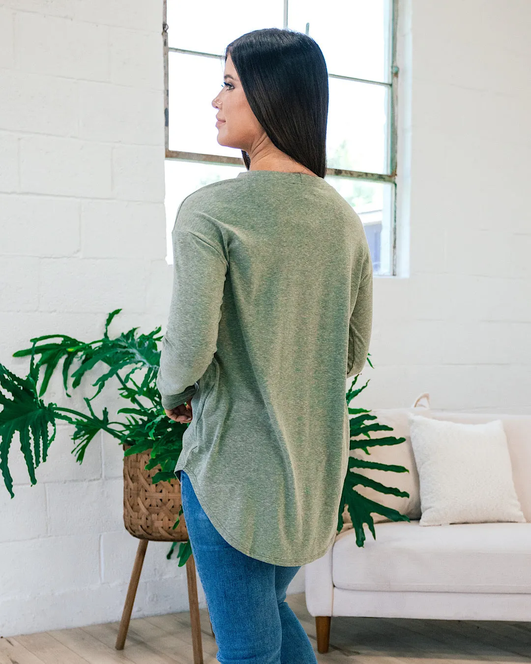 Slub Knit Long Sleeve Top - Light Olive