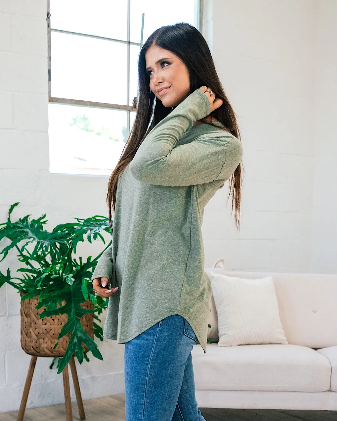 Slub Knit Long Sleeve Top - Light Olive