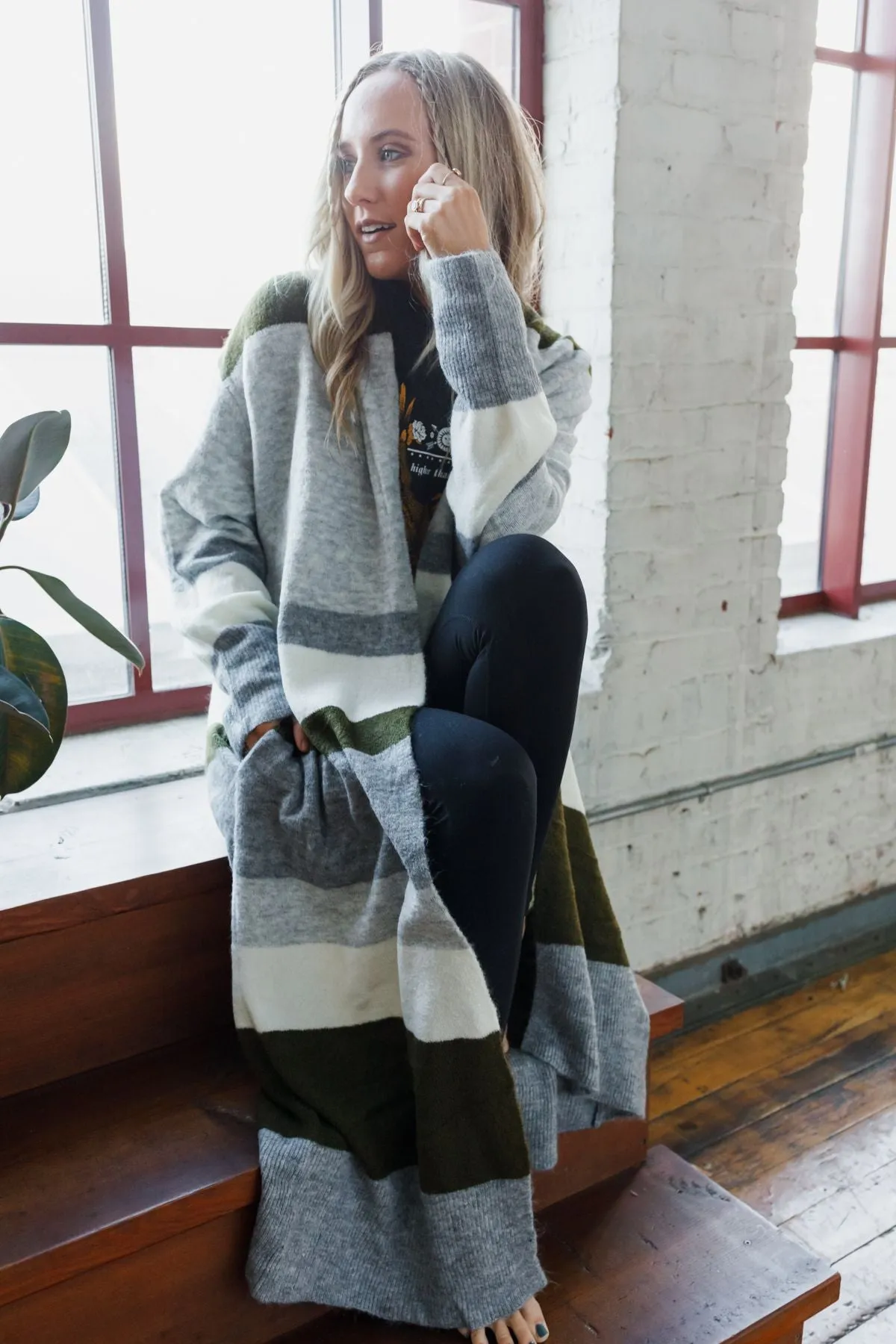 So Cozy Oversized Striped Knit Duster - Olive Multi