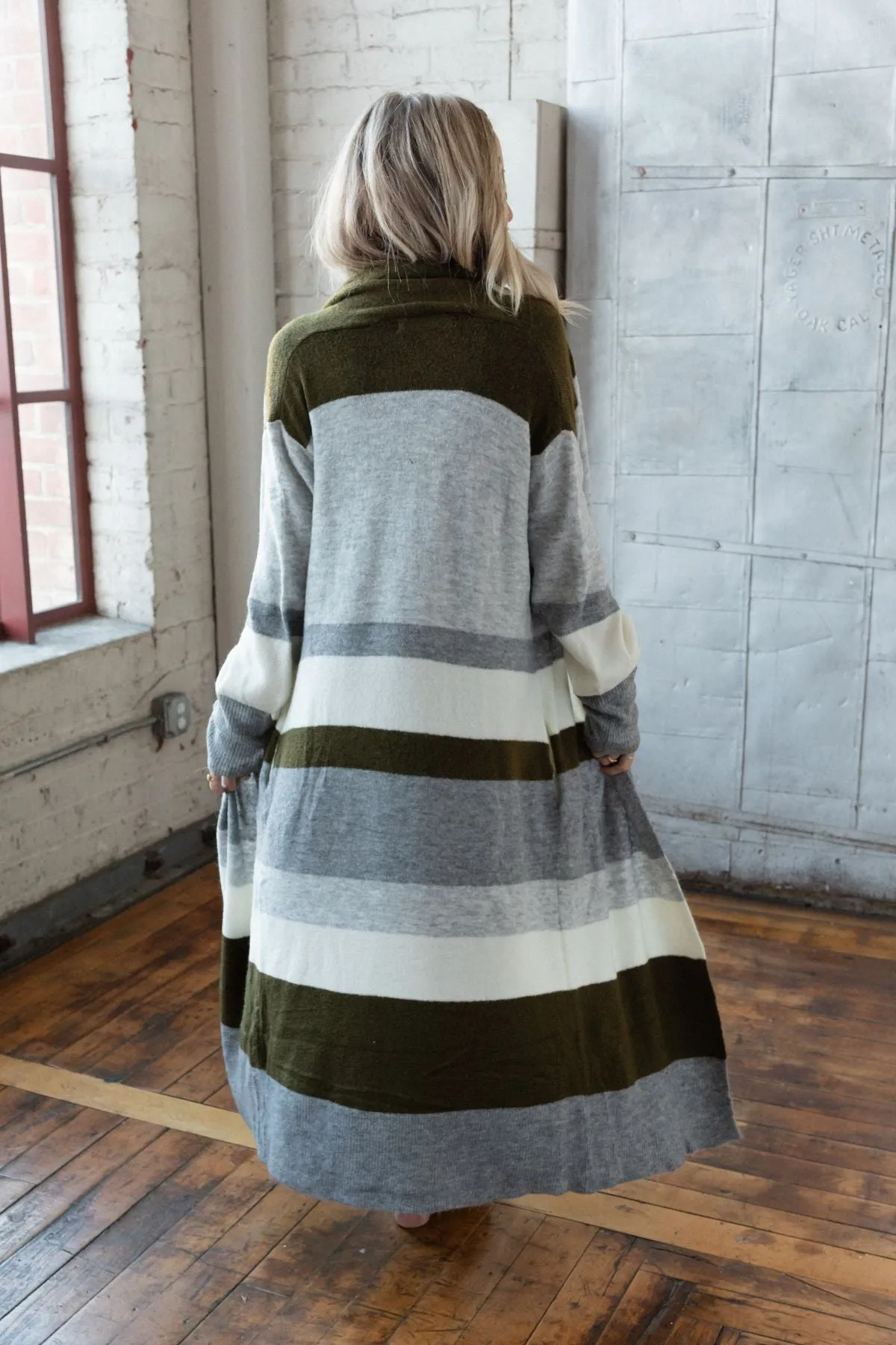 So Cozy Oversized Striped Knit Duster - Olive Multi