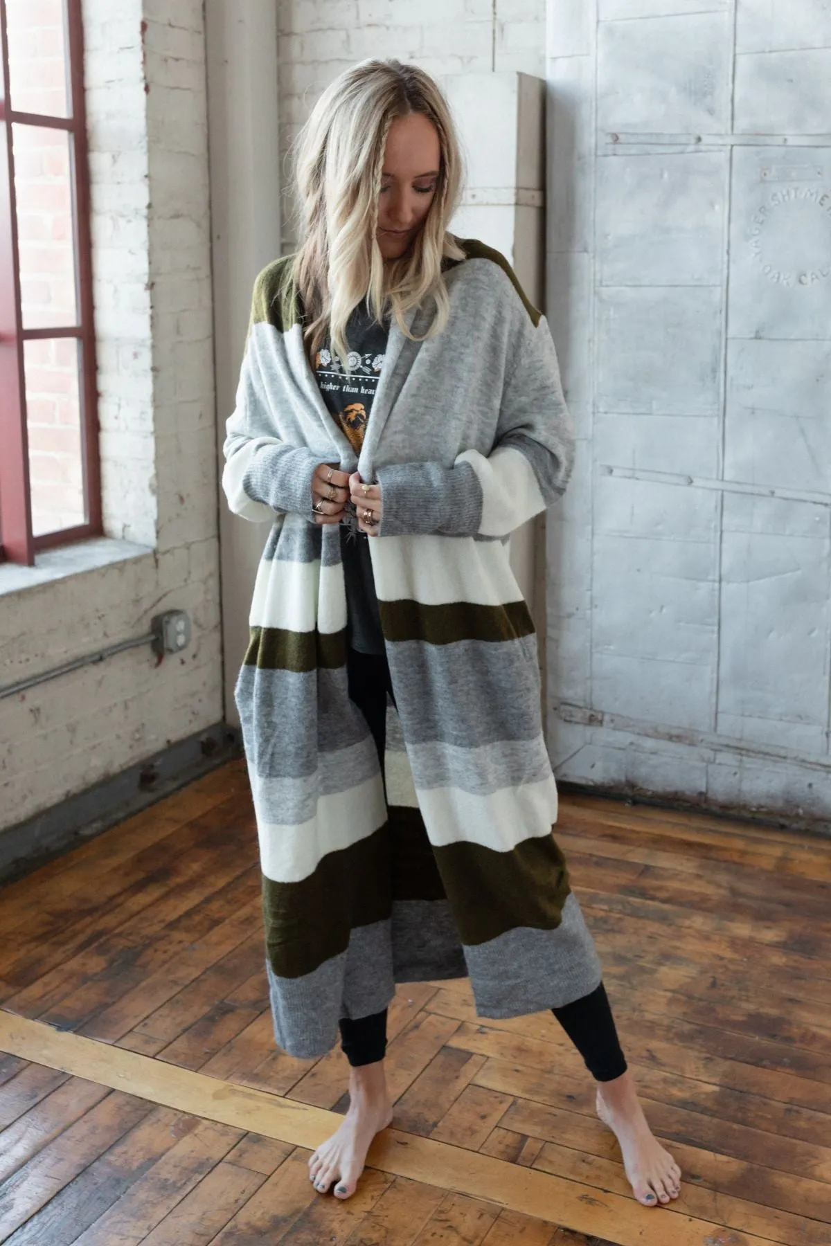 So Cozy Oversized Striped Knit Duster - Olive Multi