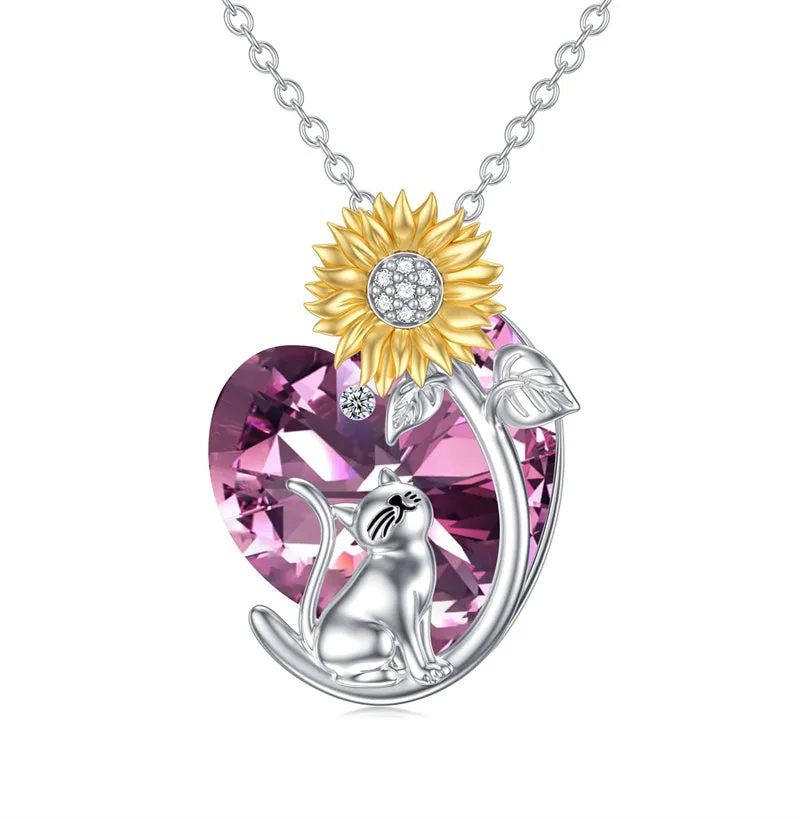 Sterling Silver Birthstone Cat Necklace Crystal Dog Necklace for Women Birthday Mothers Day Jewelry Gifts