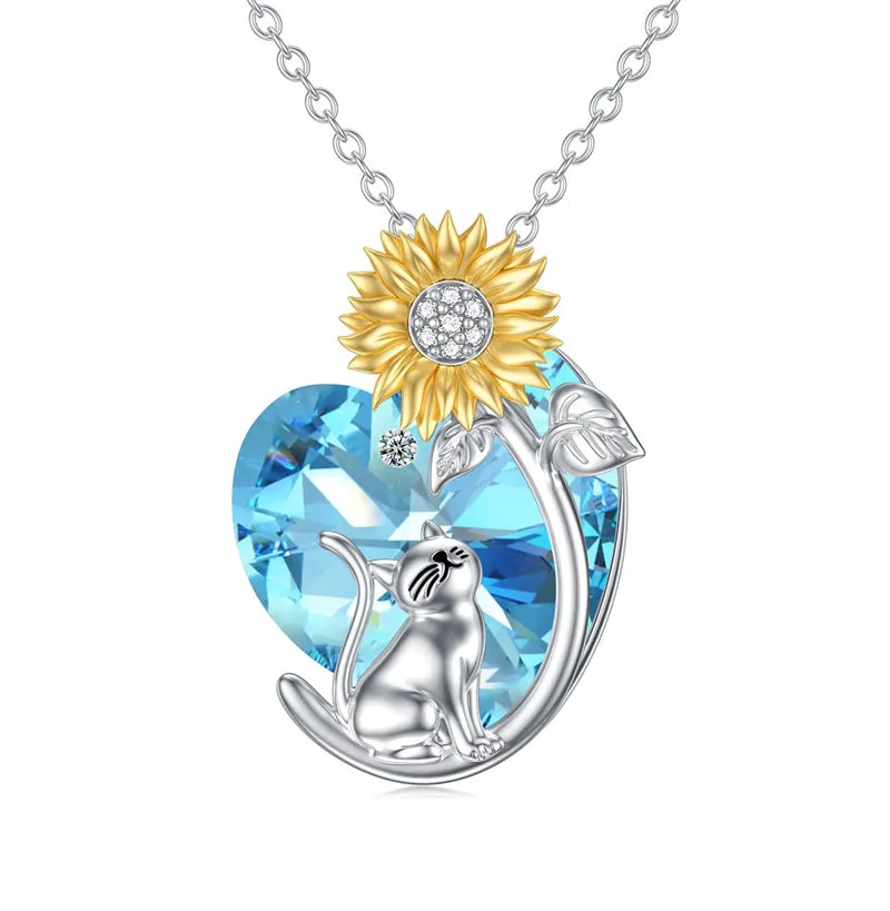 Sterling Silver Birthstone Cat Necklace Crystal Dog Necklace for Women Birthday Mothers Day Jewelry Gifts