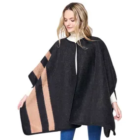 Striped Button Closure Cape Ruana Poncho