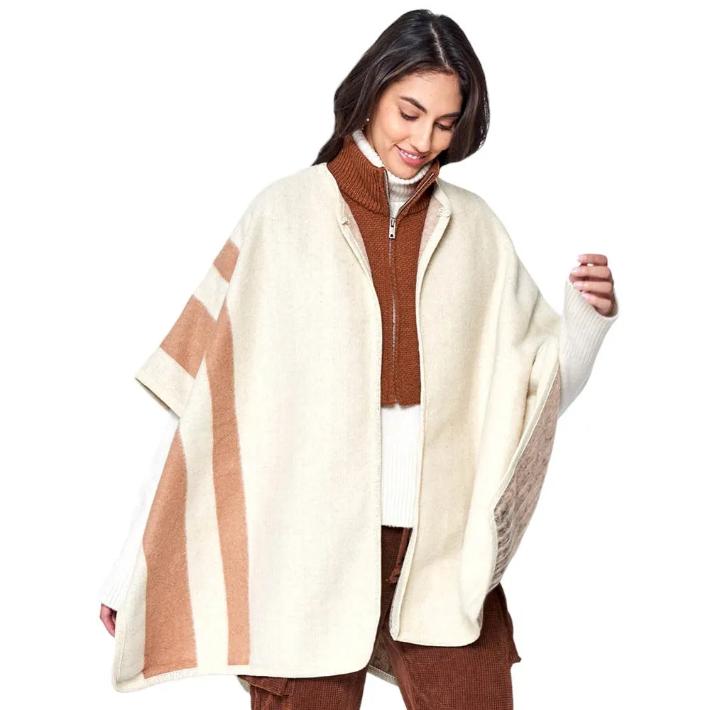 Striped Button Closure Cape Ruana Poncho