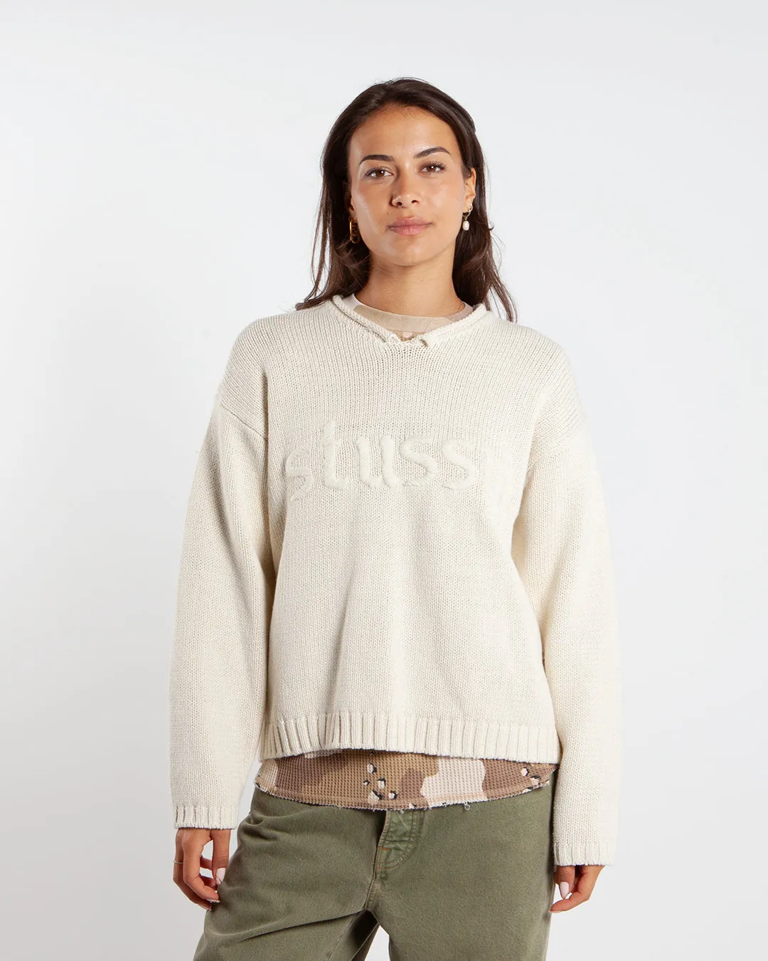 Stüssy Roll V-Neck Logo Sweater Natural