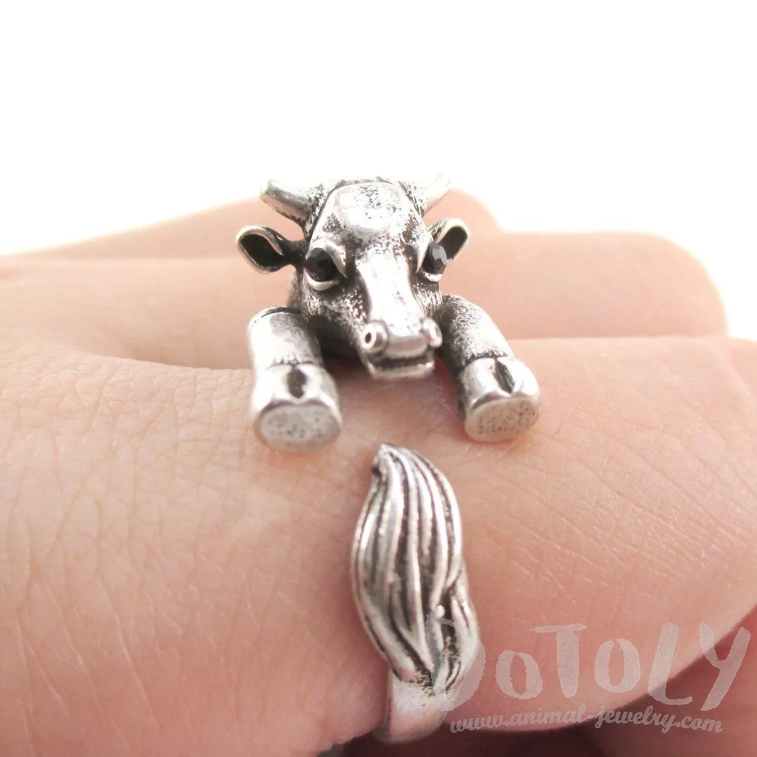 Taurus Bull Cow Shaped Animal Hugging Your Finger Ring in Silver | US Size 5 to 8