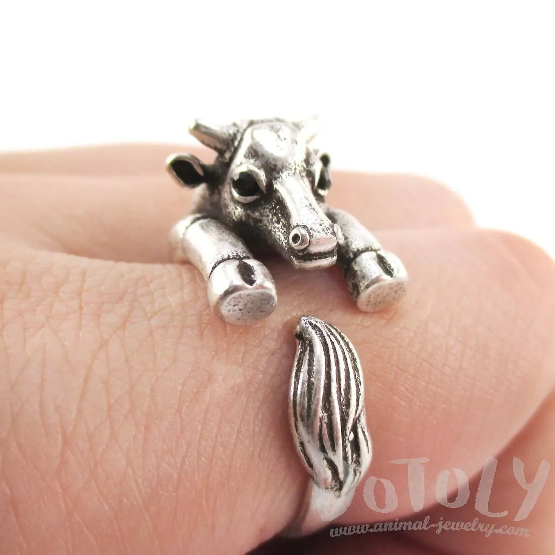 Taurus Bull Cow Shaped Animal Hugging Your Finger Ring in Silver | US Size 5 to 8