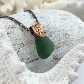 True Thick Olive Green on Bronze Sea Glass Pendant with Branch Bail | #1081