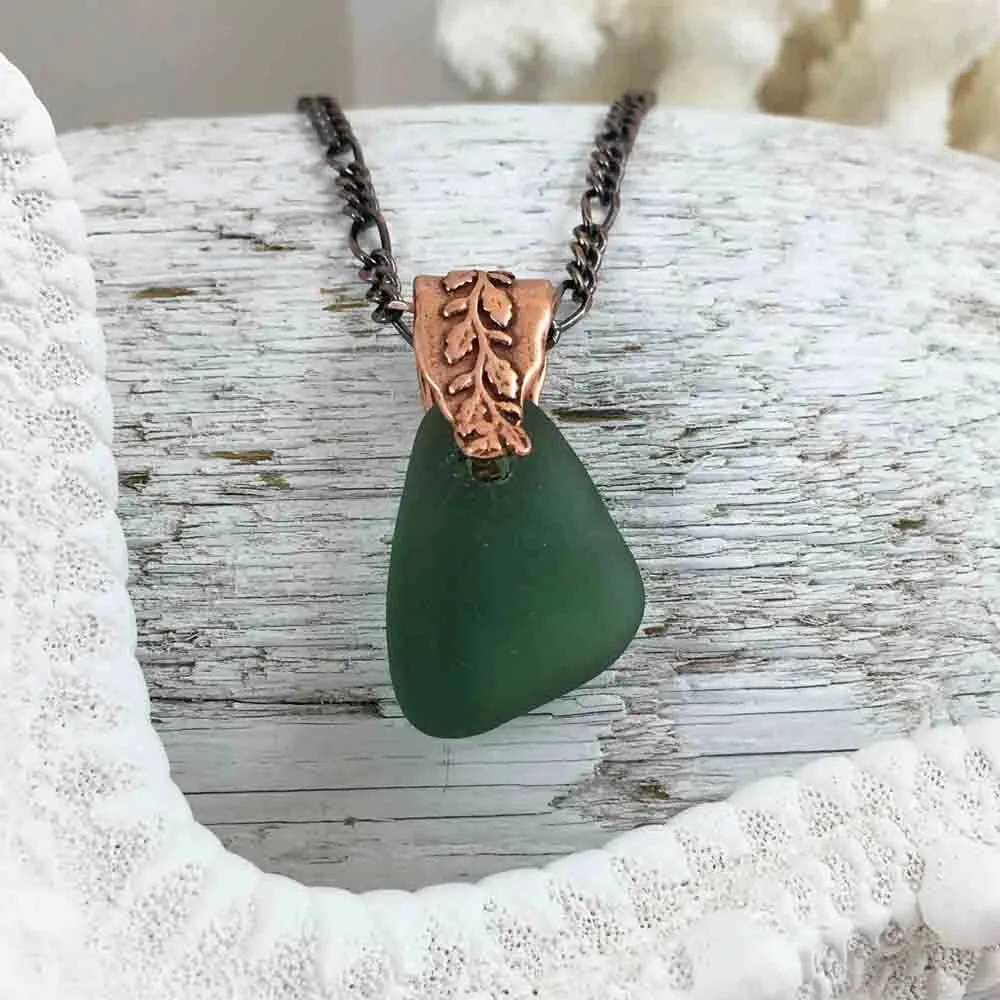 True Thick Olive Green on Bronze Sea Glass Pendant with Branch Bail | #1081