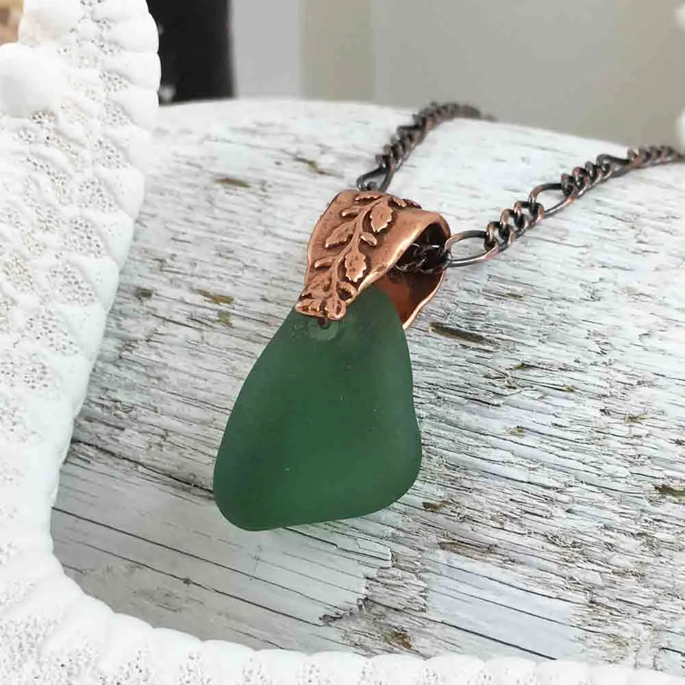 True Thick Olive Green on Bronze Sea Glass Pendant with Branch Bail | #1081